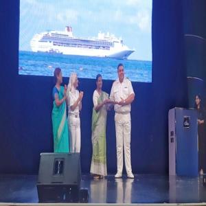 Dr. M. Beena IAS, Chairperson, Cochin Port Trust and Mr. Sokratis Sklavos, captain of cruise vessel MV Costa Victoria exchange plaques onboard